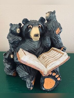 Carved Resin Black Bear Family Reading Book Figurine